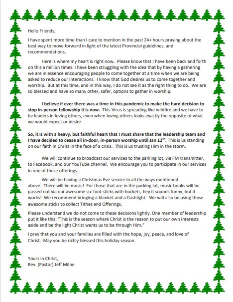 December Letter about indoor worship
